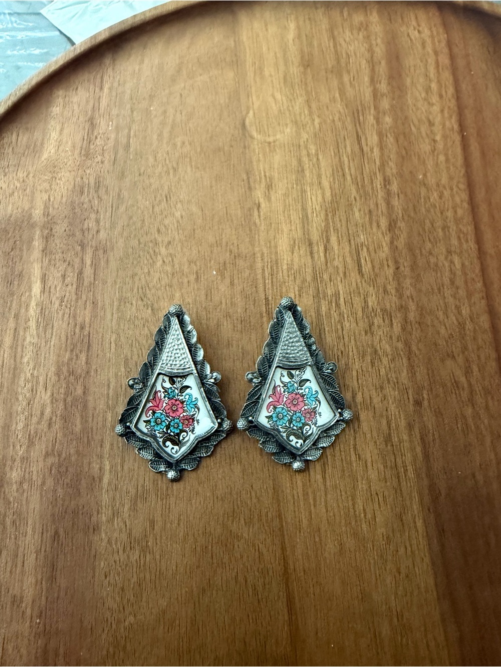 Vintage Floral Enamel Drop Earrings - Pink & Teal